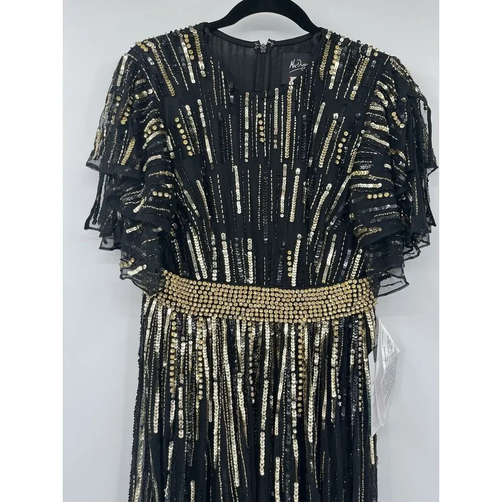 Mac Duggal 93582‎ Flare Sleeve Embellished Dress Black Gold Cap Sleeve - flaws - Picture 5 of 11